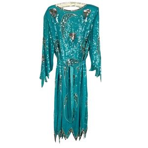 Vintage Beaded Turquoise Sliver 1920’s Silk Dress Womens Cocktail Midi Art Deco